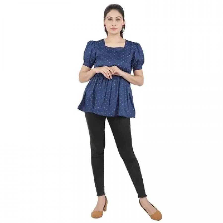 Stylish Navy Blue Polyester Cotton Printed Tops For Women