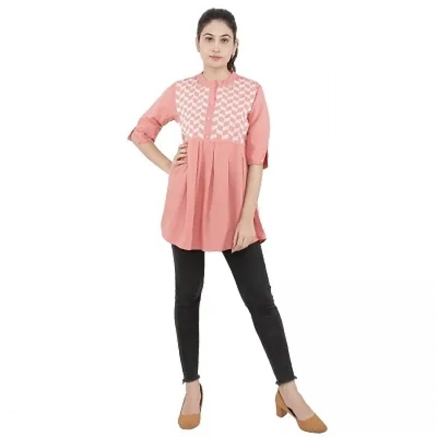 Stylish Peach Polyester Cotton Printed Tops For Women