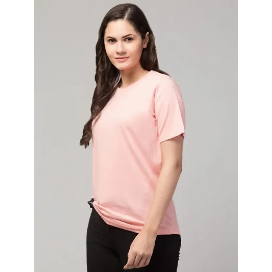 Stylish Pink Cotton Spandex Solid Round Neck Tees For Women