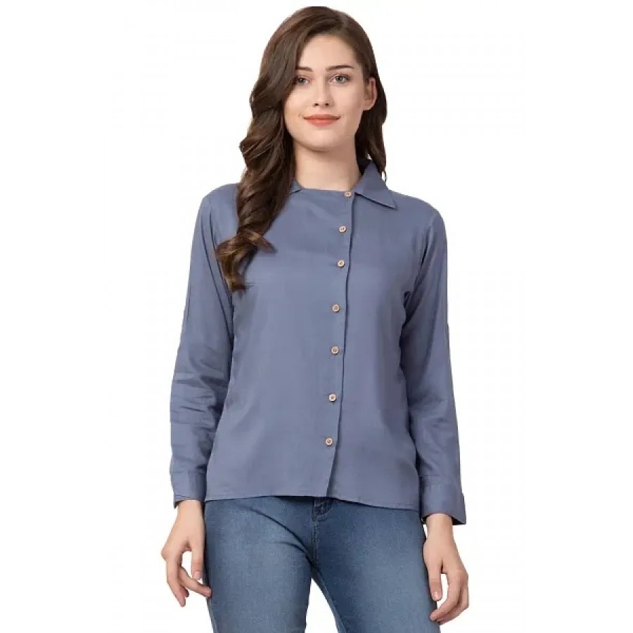 Stylish Rayon Solid Blue Full Sleeve Shirt For Girls