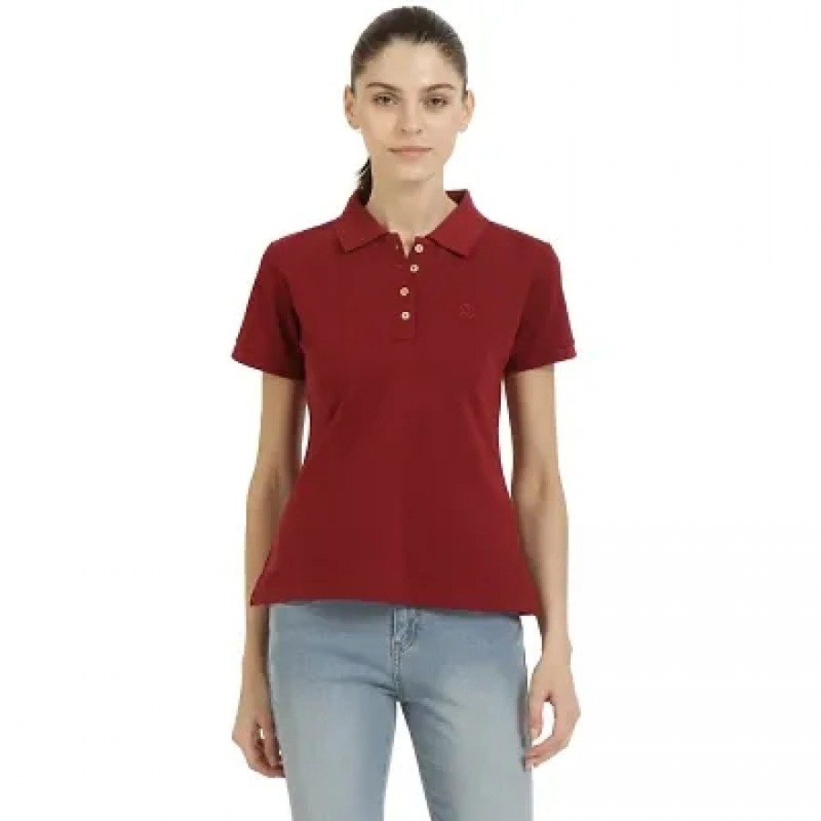 Stylish Red Cotton Spandex Solid Polo T-Shirt For Women