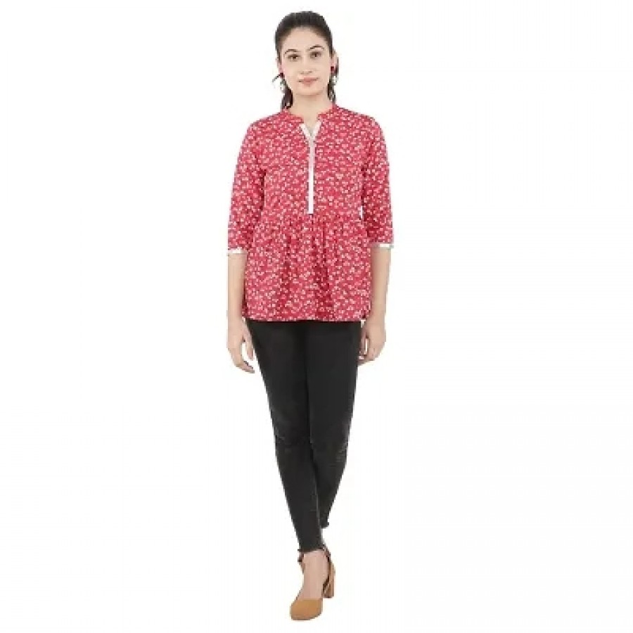 Stylish Red Polyester Cotton Printed Tops For Women