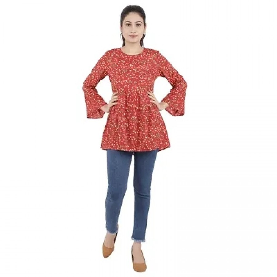 Stylish Red Polyester Cotton Printed Tops For Women