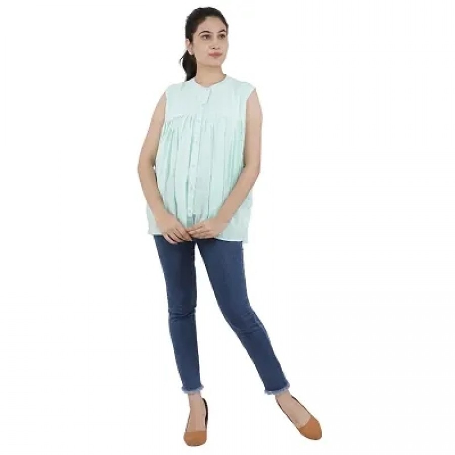 Stylish Turquoise Polyester Cotton Solid Tops For Women