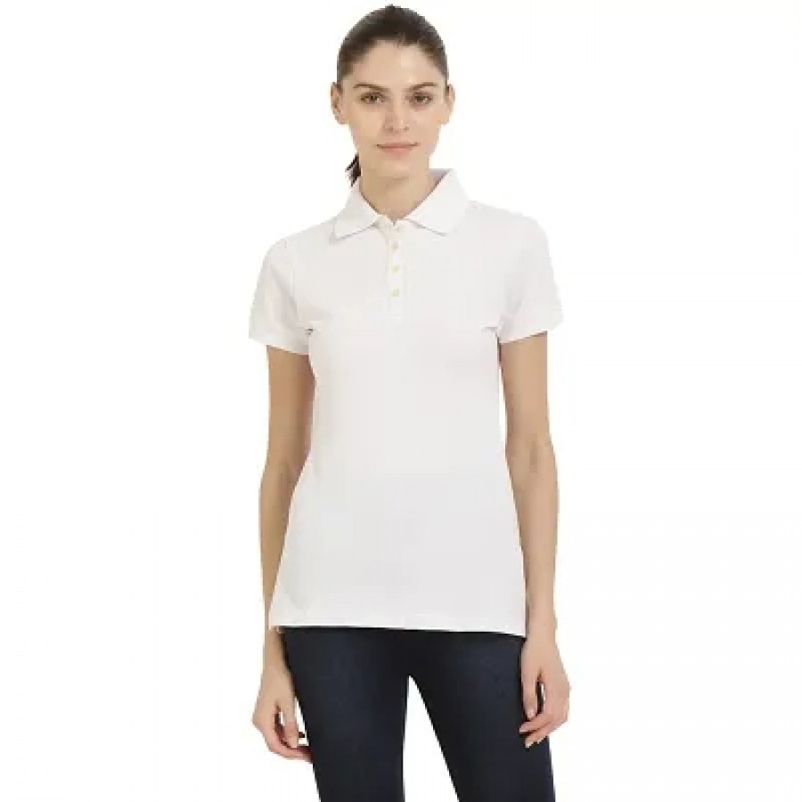 Stylish White Cotton Spandex Solid Polo T-Shirt For Women