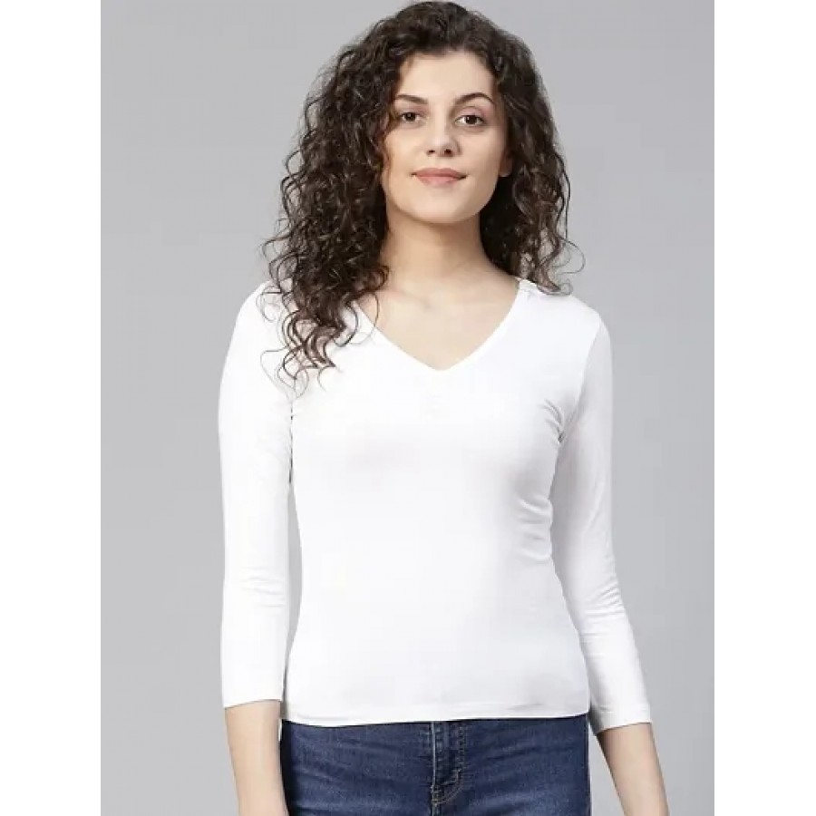 Stylish White Solid Cotton Blend Tops For Women