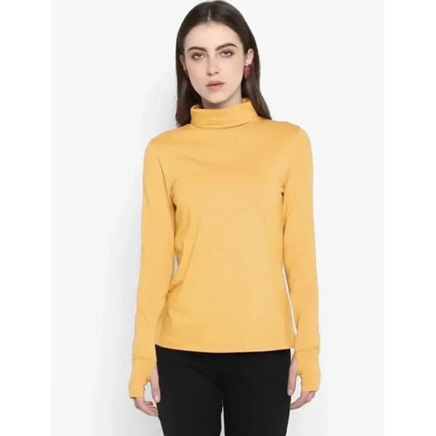 Stylish Yellow Solid Cotton Blend Tops For Women