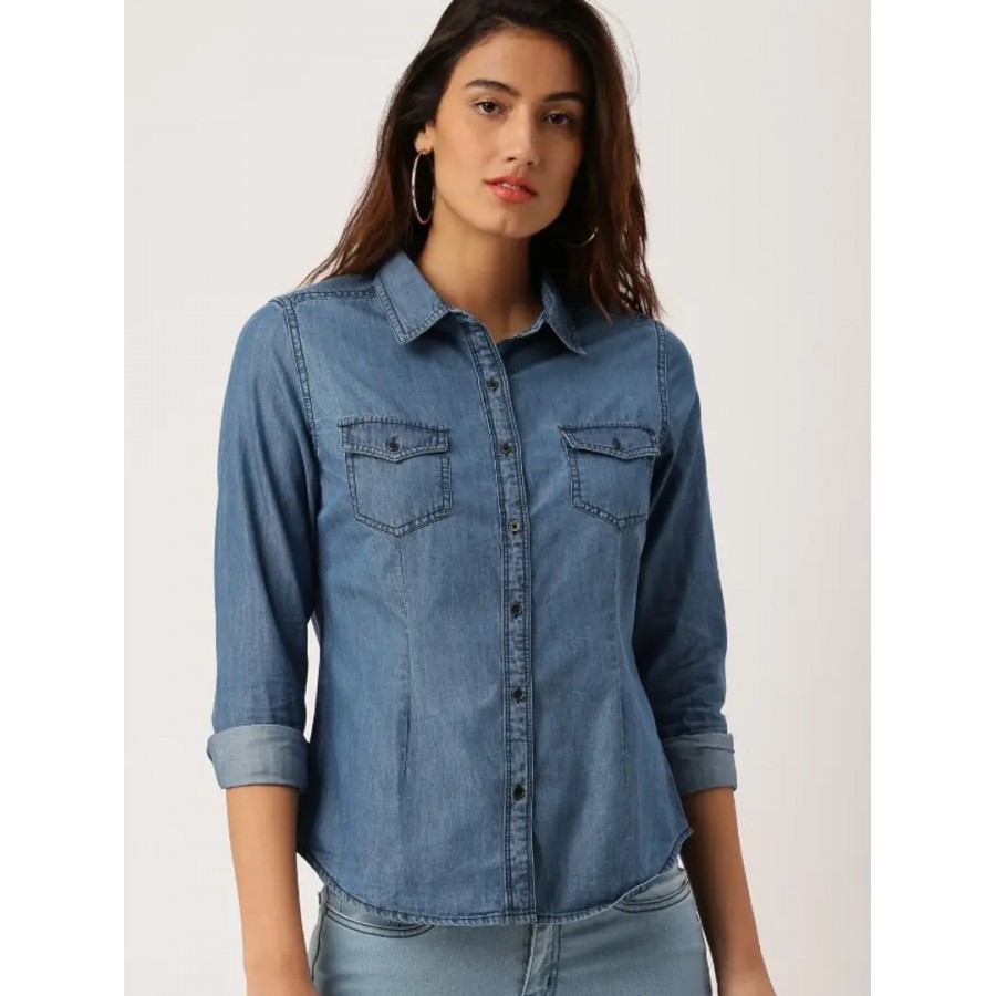 Stylish Denim Solid Shirt For Women