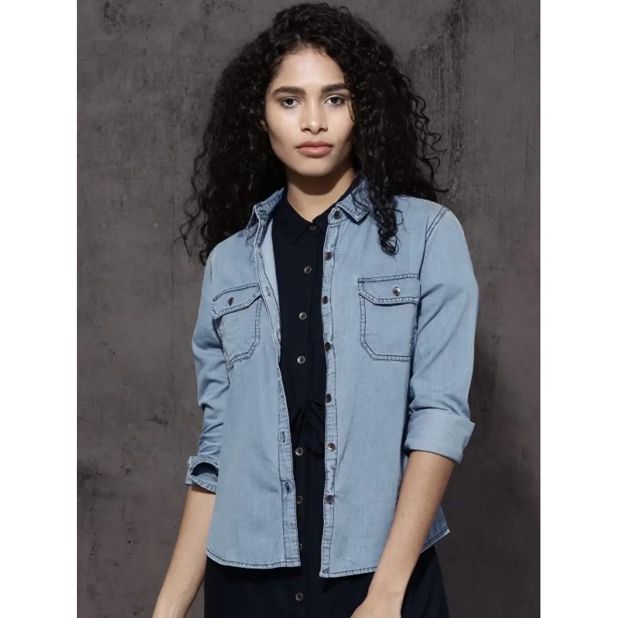 Stylish Denim Solid Shirt For Women