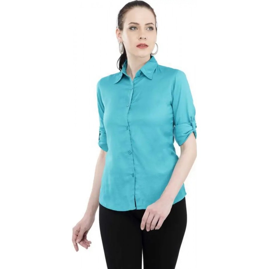 Stylish Fancy Roll- Up Sleeves Solid Rayon Regular Fit Shirt For Women