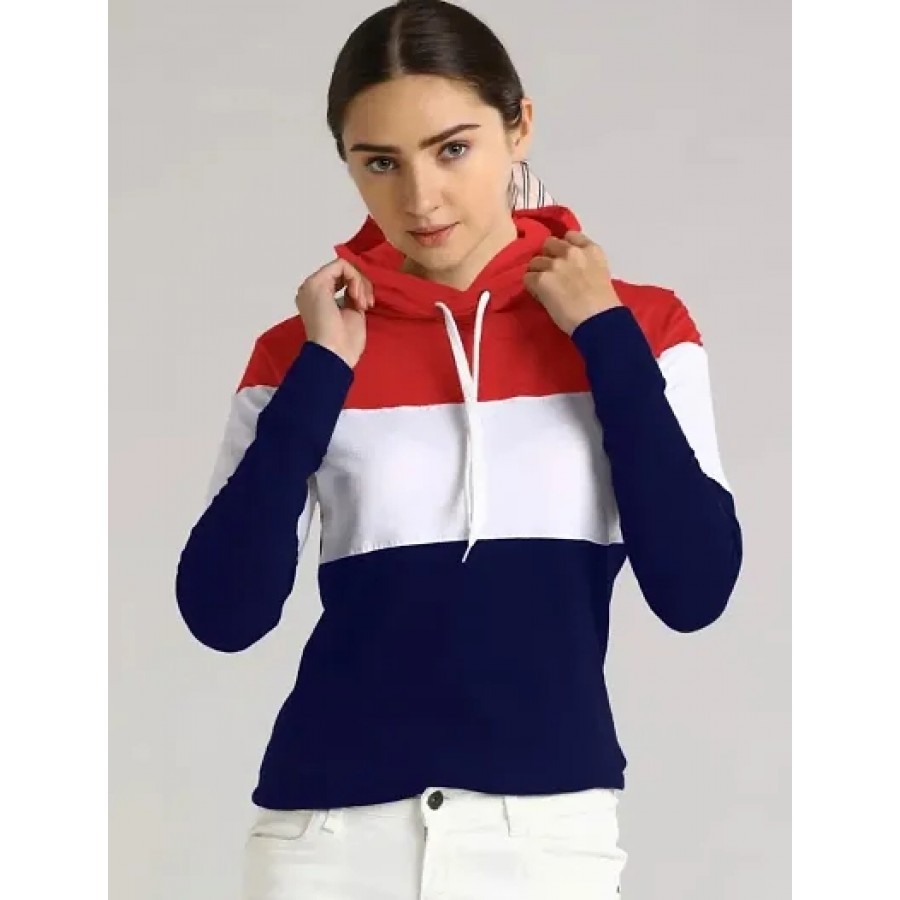 Trendy Multicoloured Cotton Blend Colourblocked Hooded T-Shirt For Women