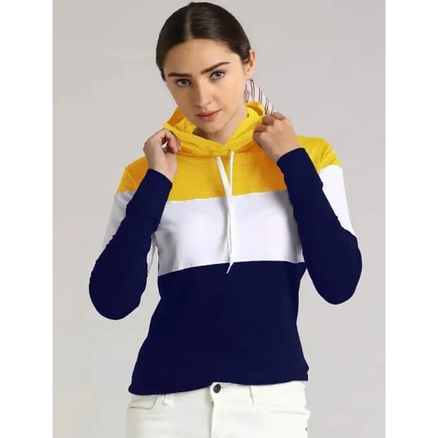 Trendy Multicoloured Cotton Blend Colourblocked Hooded T-Shirt For Women