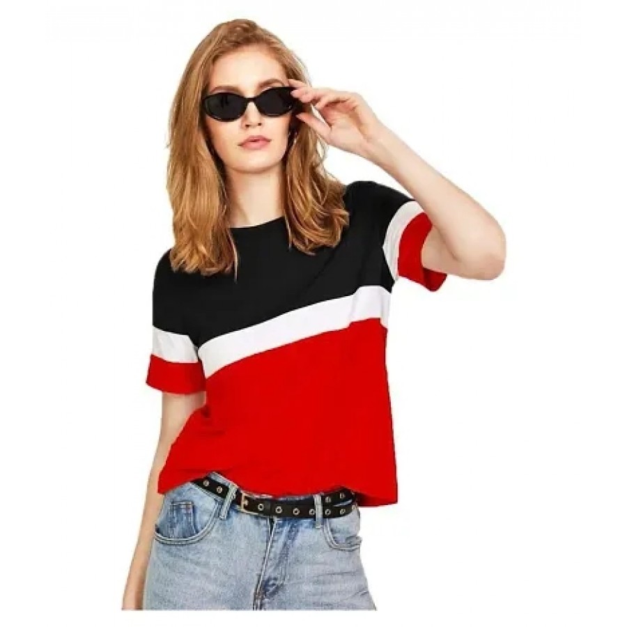 Trendy Multicoloured Cotton Blend Colourblocked Top For Women