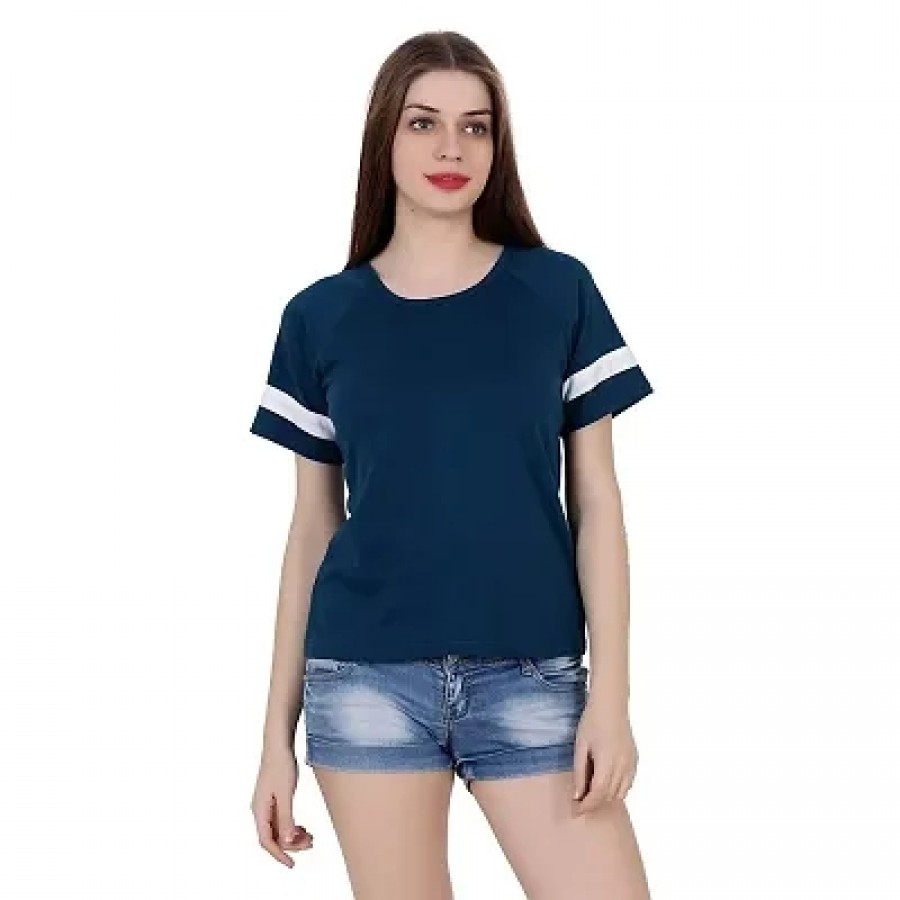 Trendy Navy Blue Cotton Blend Solid Top For Women