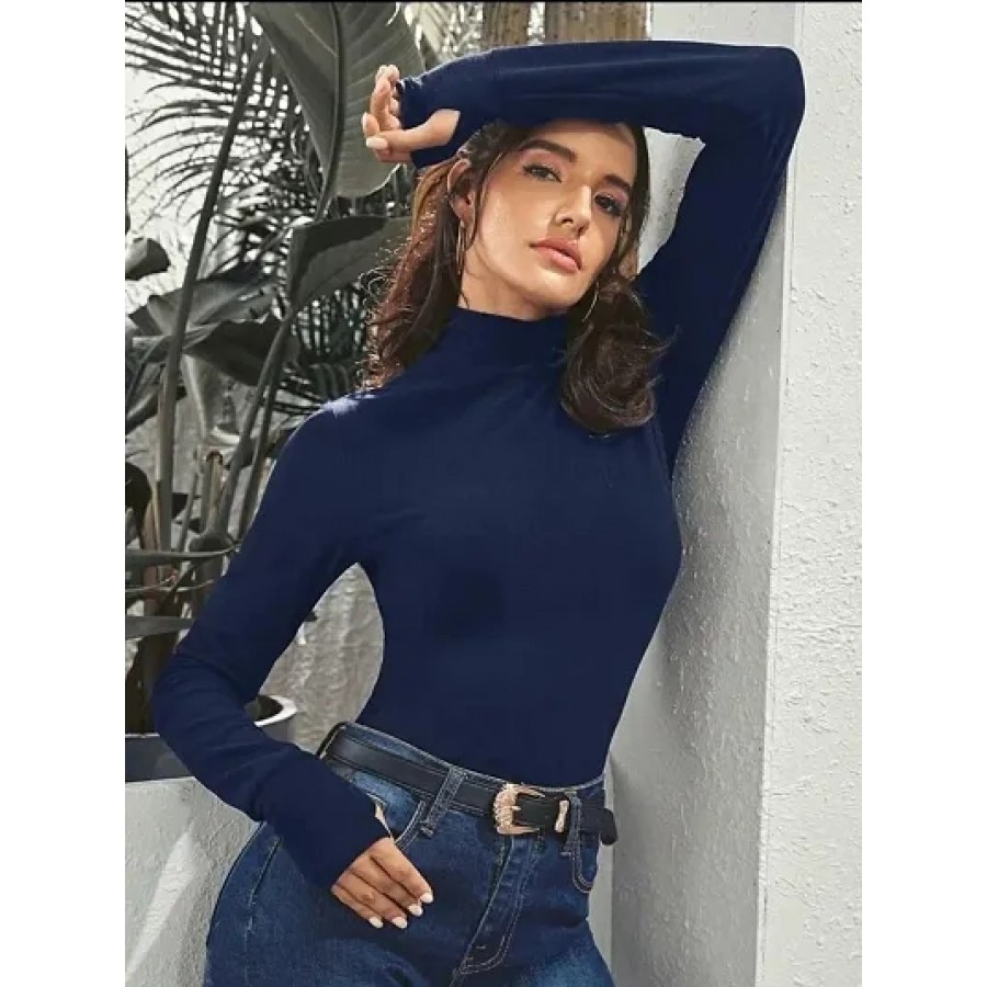 Trendy Navy Blue Cotton Blend Solid Top For Women