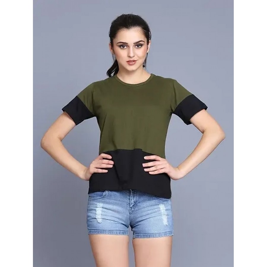 Trendy Olive Cotton Blend Colourblocked Top For Women