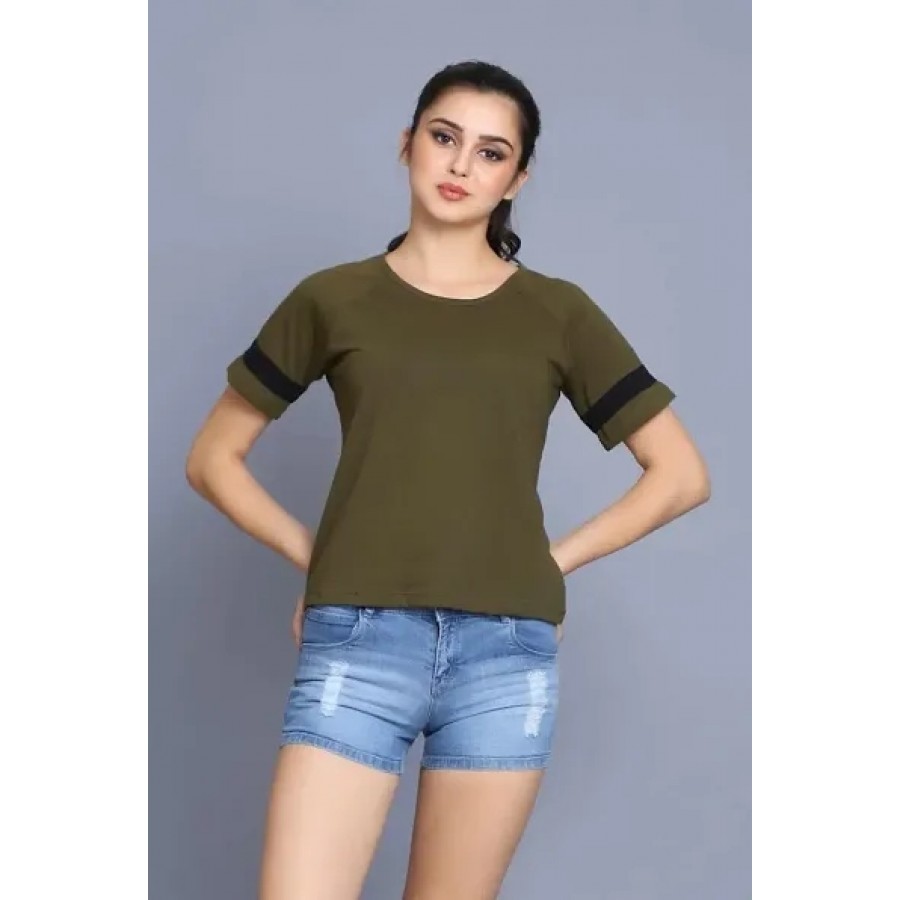 Trendy Olive Cotton Blend Solid Top For Women