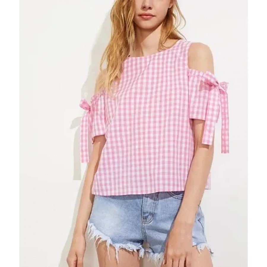 Trendy Pink Cotton Blend Checked Tops For Women