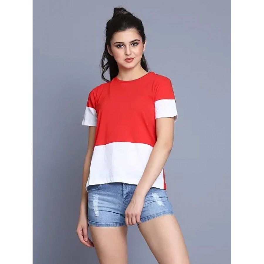 Trendy Red Cotton Blend Colourblocked Top For Women