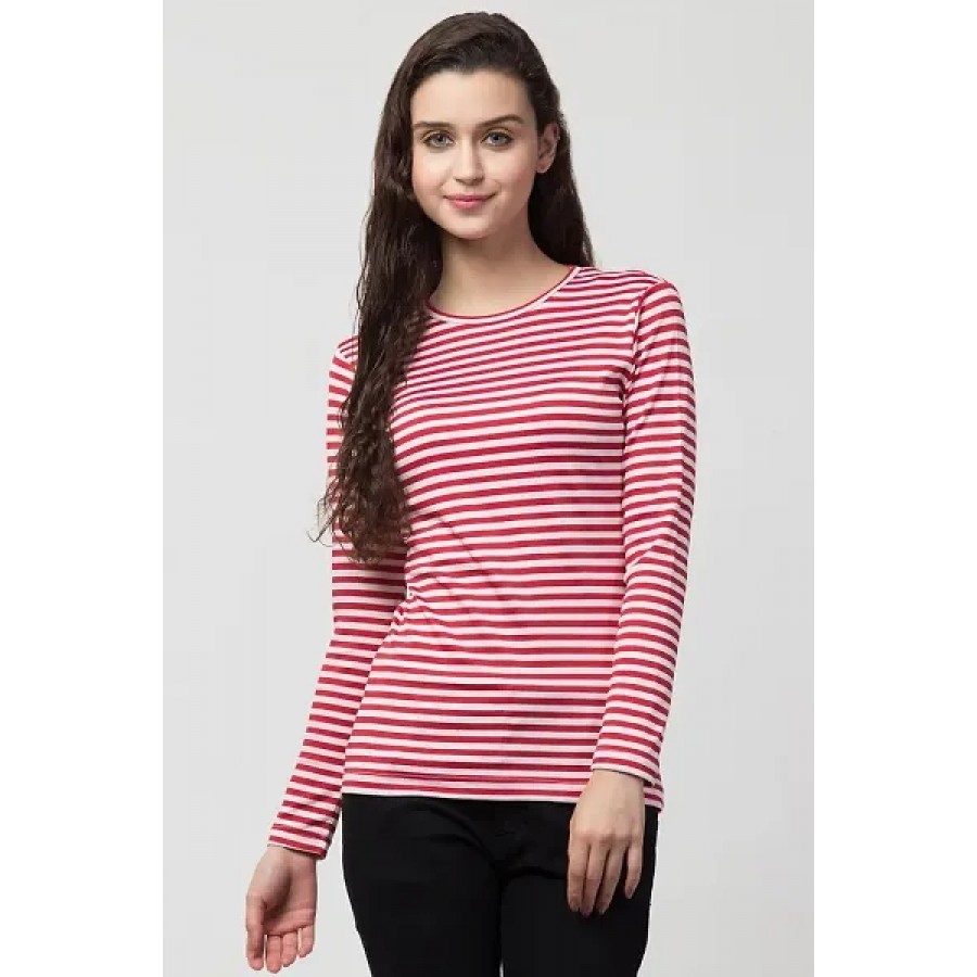 Trendy Stylish Red Striped Hosiery Round Neck Tees For Women And Girls