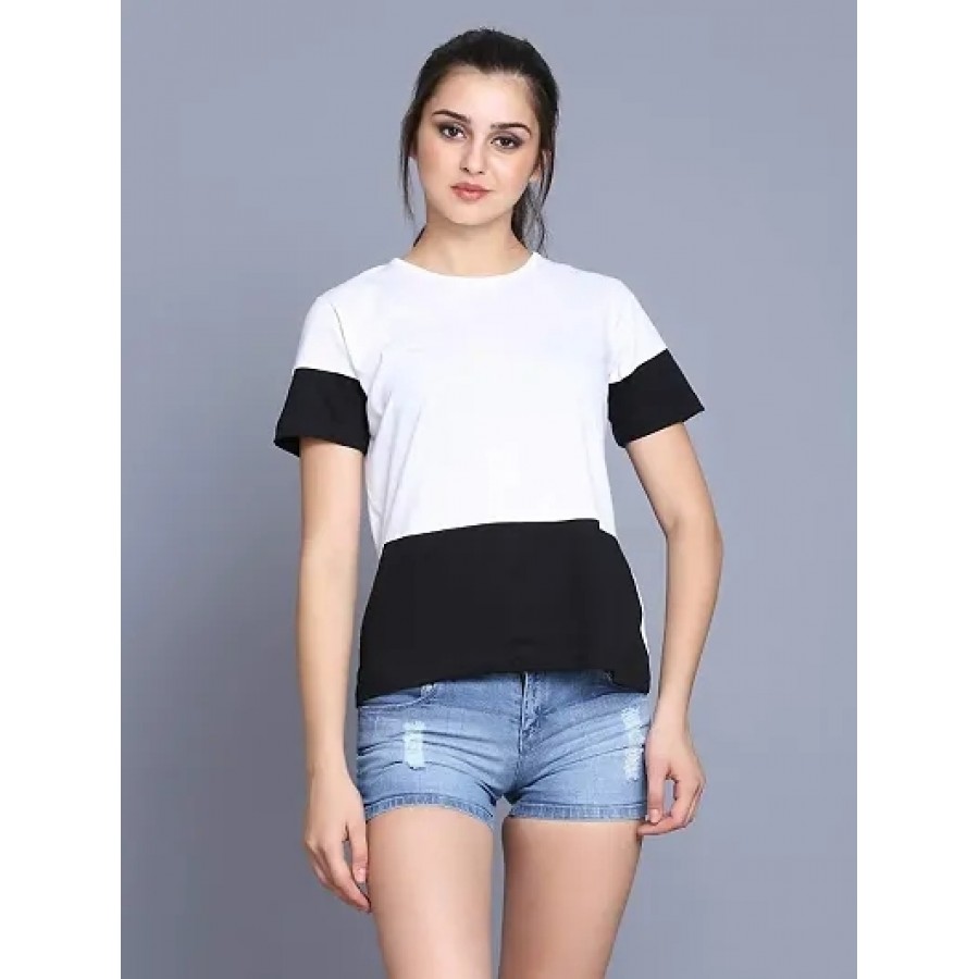 Trendy White Cotton Blend Colourblocked Top For Women