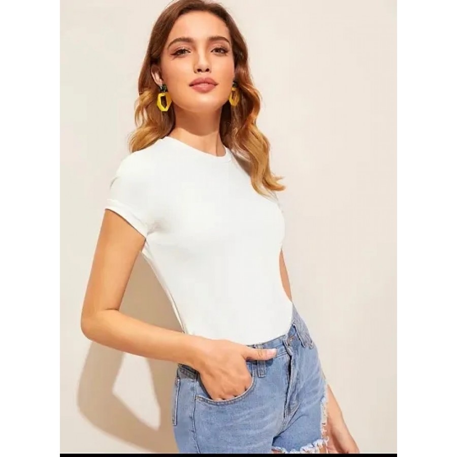 Trendy White Cotton Blend Solid Top For Women