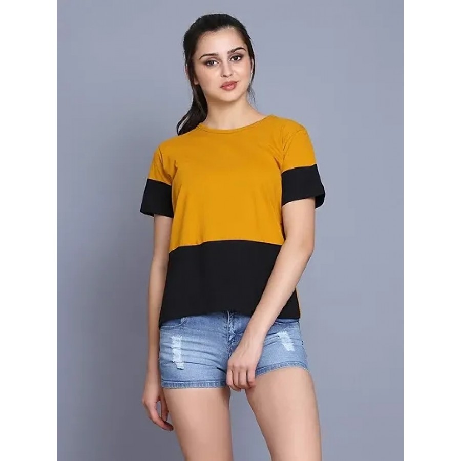 Trendy Yellow Cotton Blend Colourblocked Top For Women