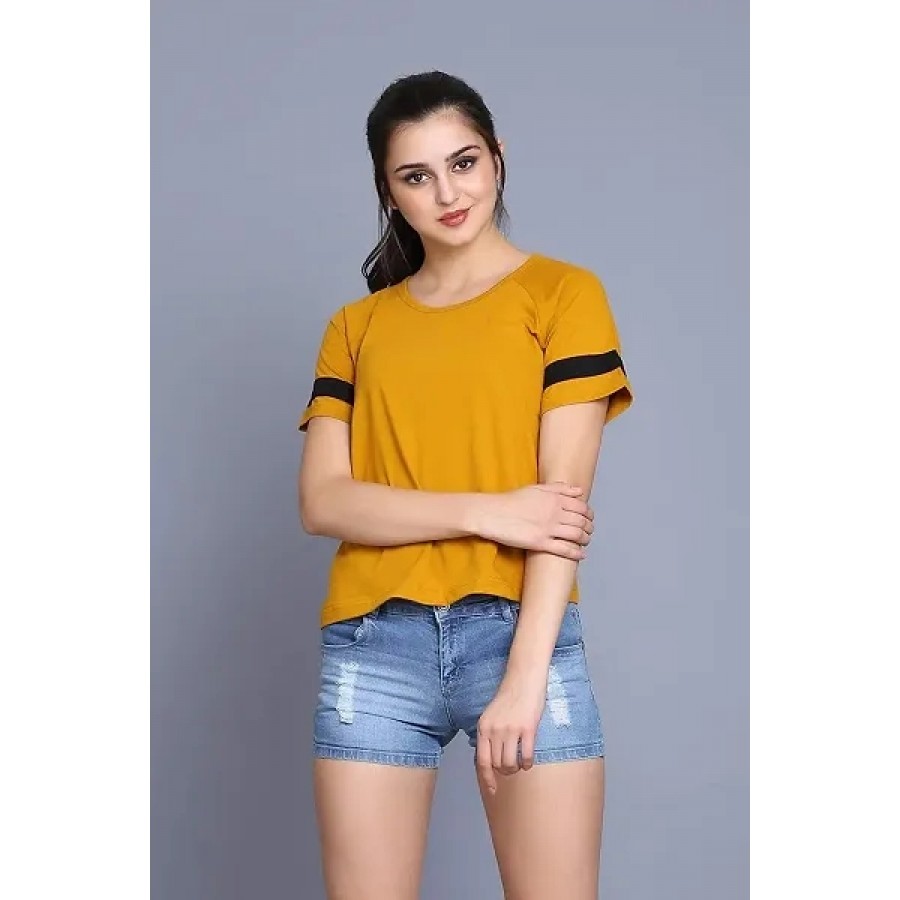 Trendy Yellow Cotton Blend Solid Top For Women