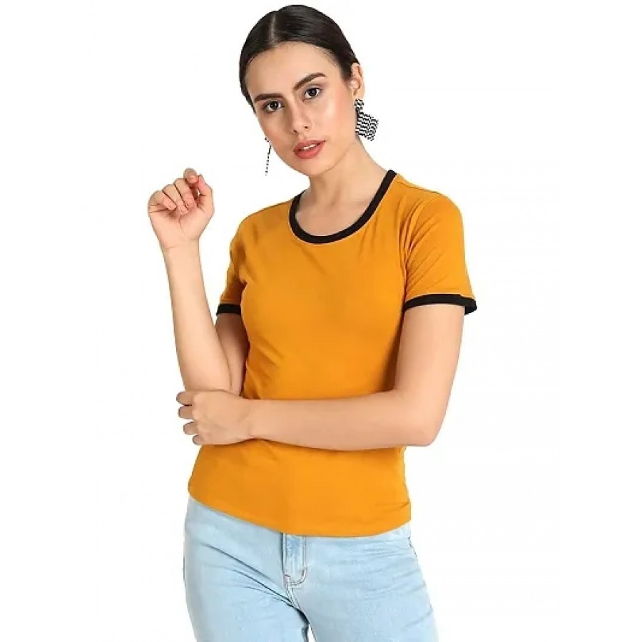 Trendy Yellow Cotton Blend Solid Top For Women