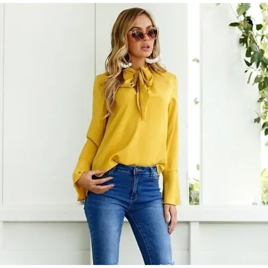 Trendy mustard tie up neck top