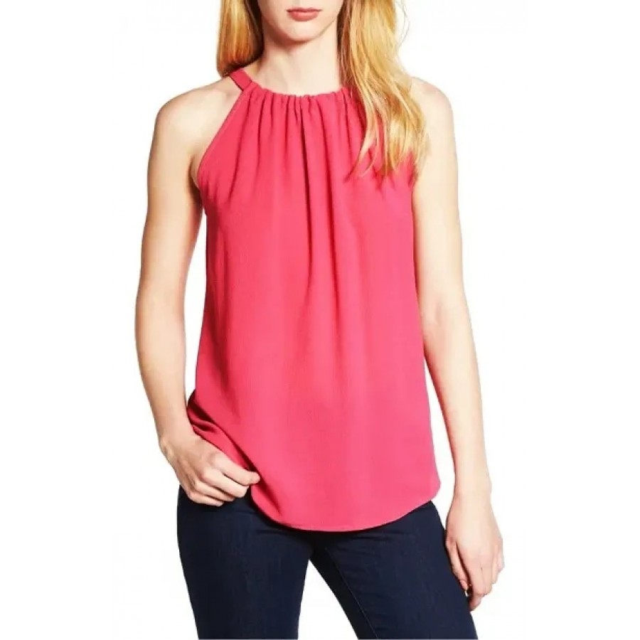 Trendy pink solid tie knot neck women top