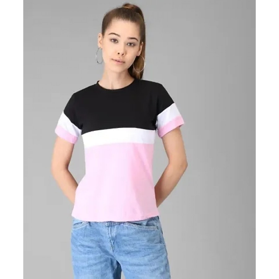 Vivient Women Black White Pink Colour Block T-shirt