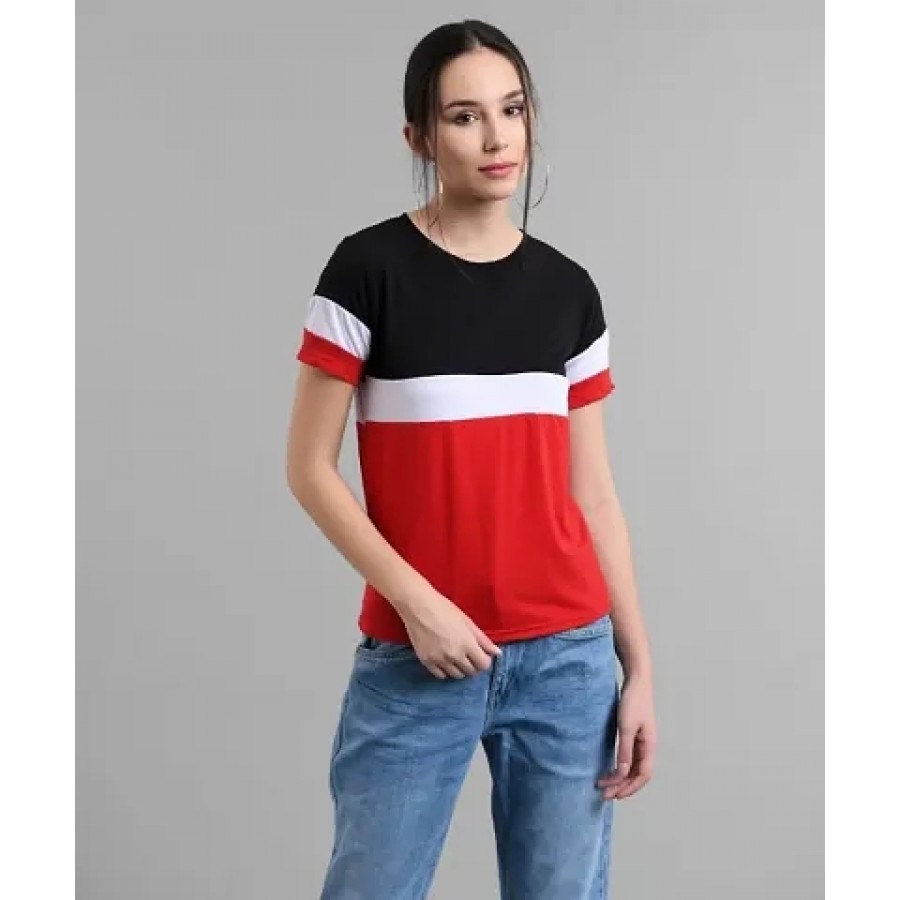 Vivient Women Black White Red Colour Block T-shirt