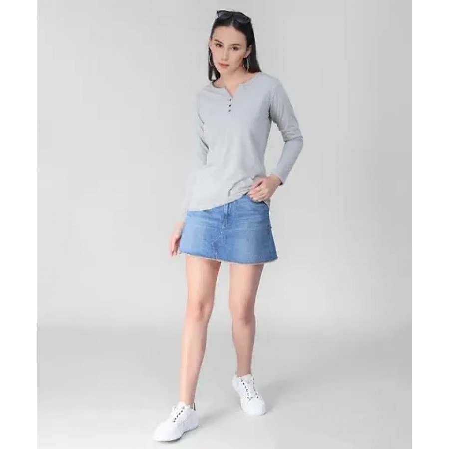 Vivient Women Grey Button Plain Tshirt