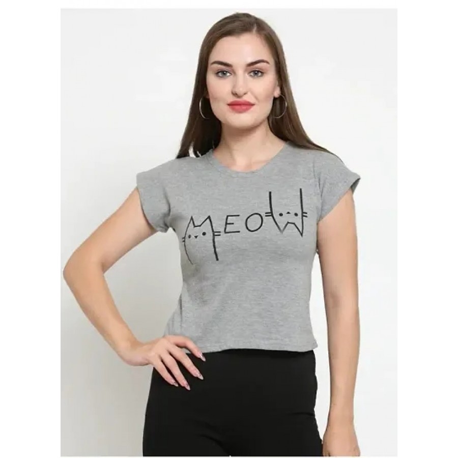 Vivient Women Grey Meow Printed Crop Top