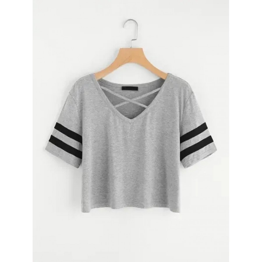 Vivient Women Grey Plain Cross Neck Top