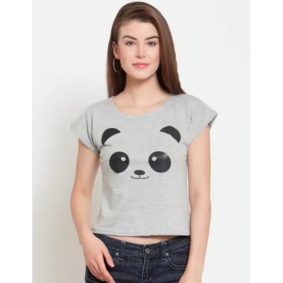 Vivient Women Grey Smiley Panda Face Printed Crop Top