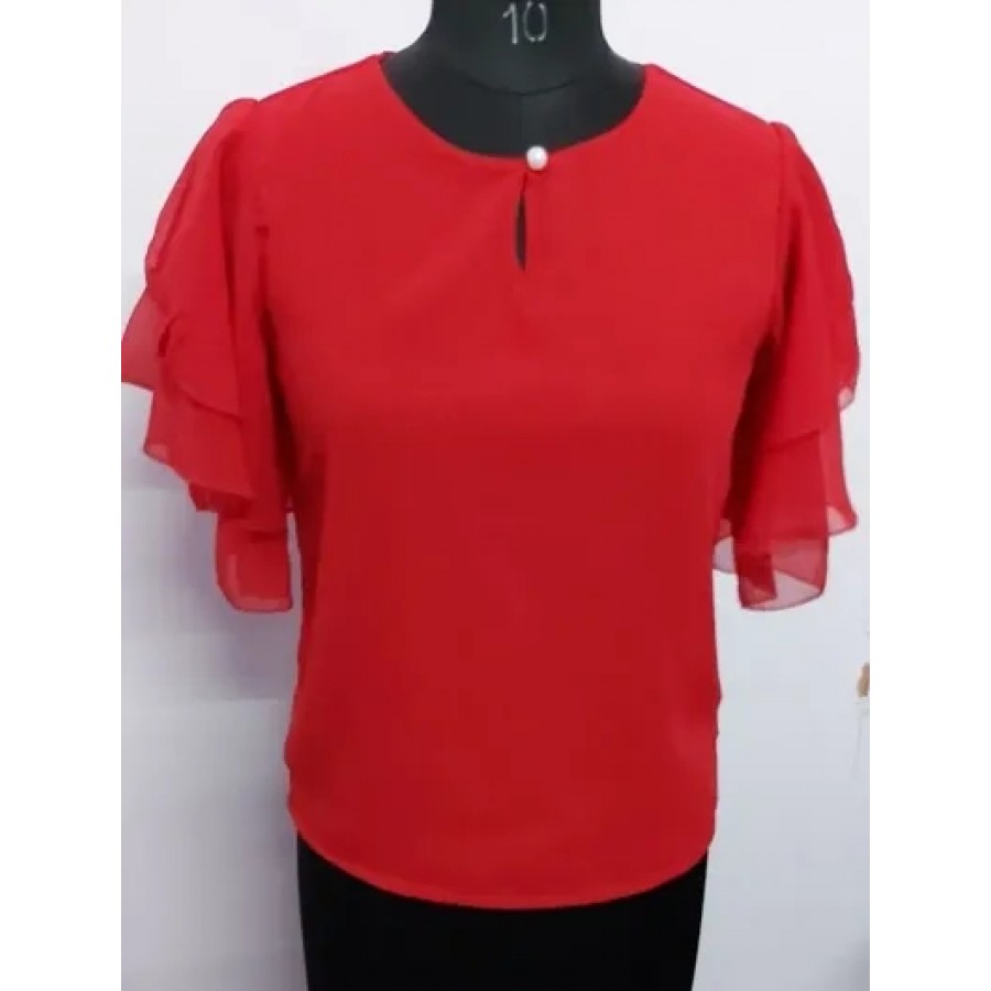 Vivient Women Red Ruffle Sleeve Neck Button Top