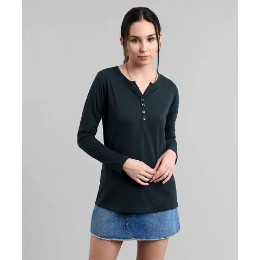 Vivient Women Sea Green Button Plain Tshirt