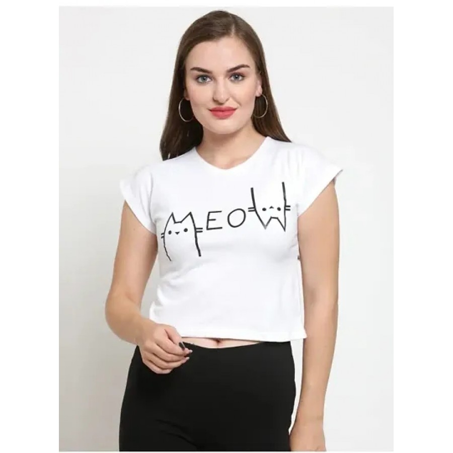 Vivient Women White Meow Printed Crop Top