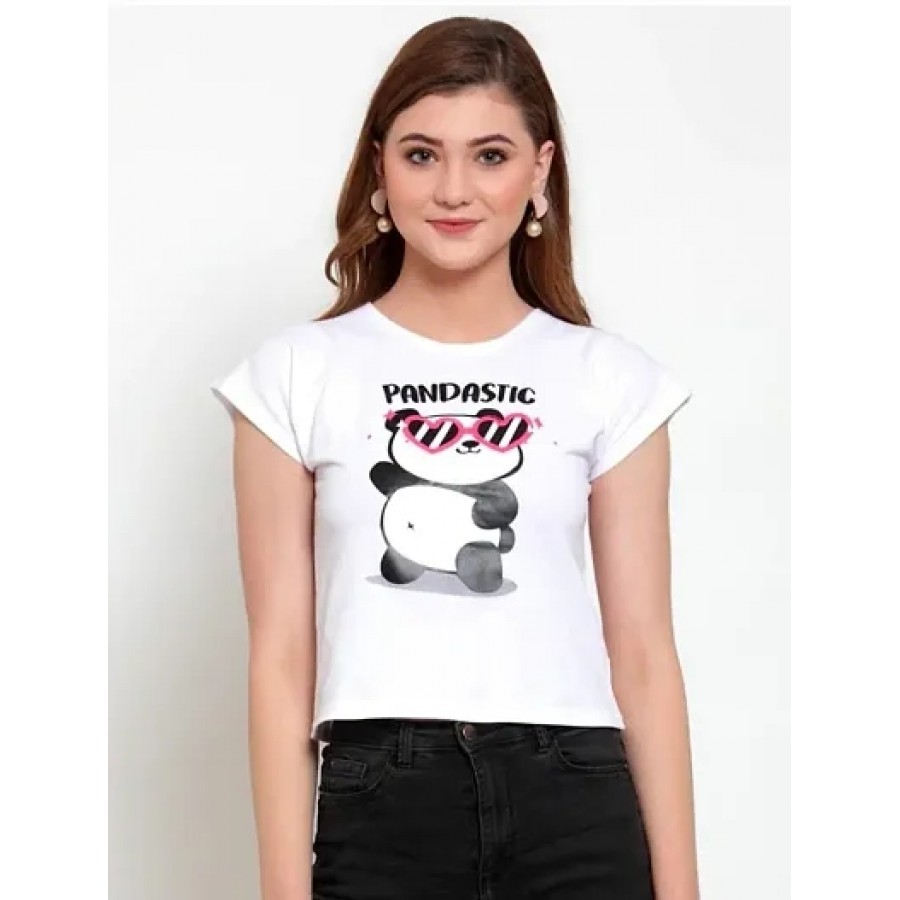 Vivient Women White Pandastic  Printed Crop Top