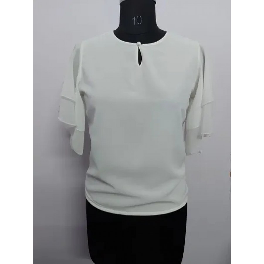 Vivient Women White Ruffle Sleeve Neck Button Top