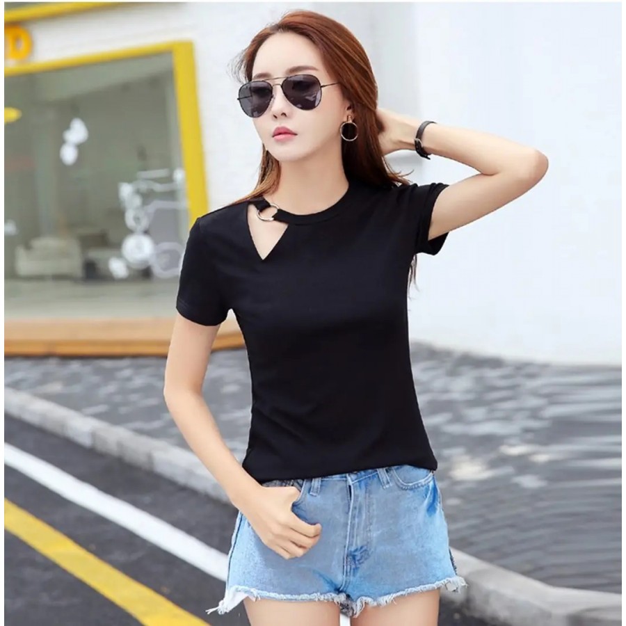 Vivient Women Black Plain Geny Cut Hosery Top