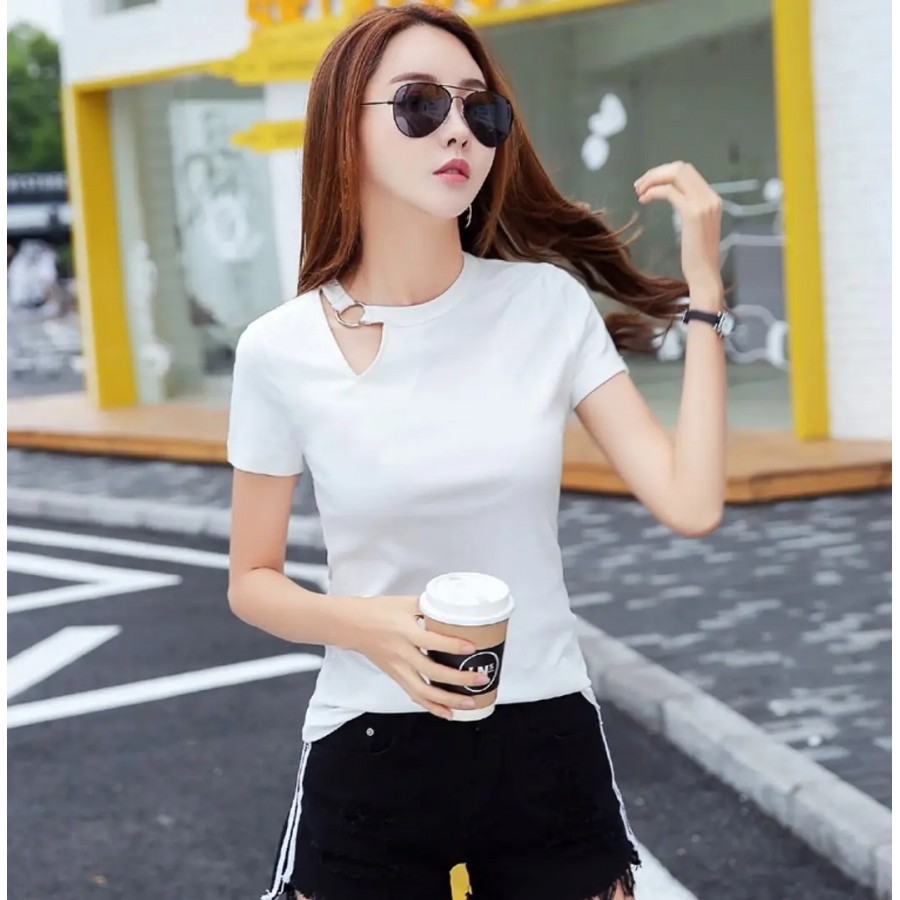 Vivient Women White Plain Geny Cut Hosery Top