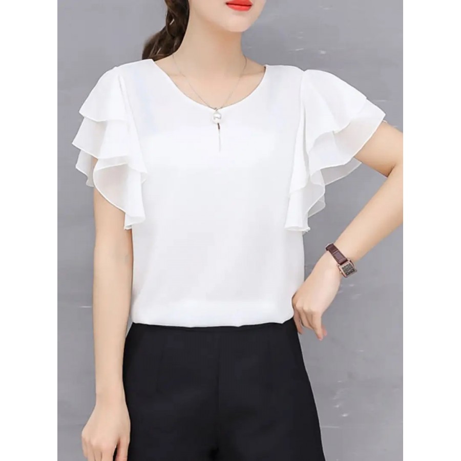 Vivient Women White Ruffle Sleeve Neck Button Top