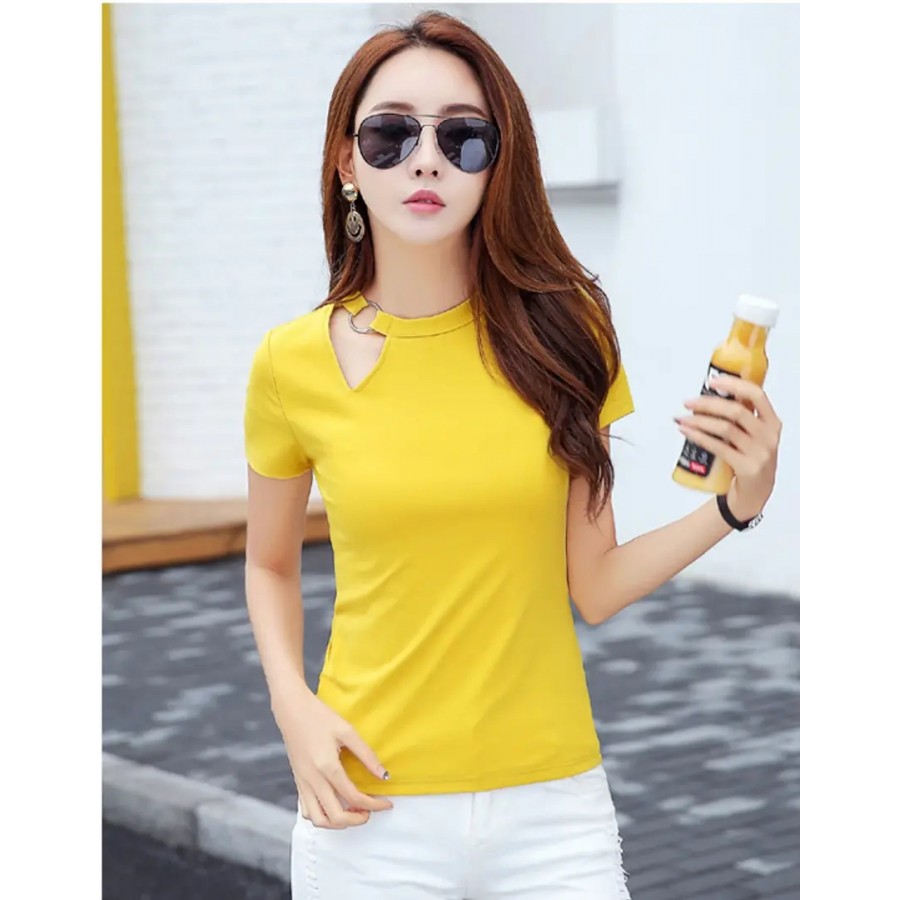 Vivient Women Yellow Plain Geny Cut Hosery Top