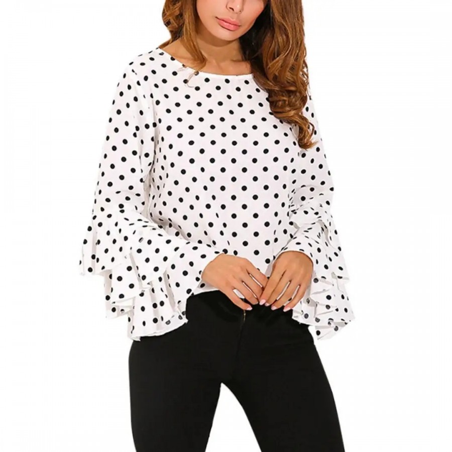 White With Black Dot Bell Sleeve Top