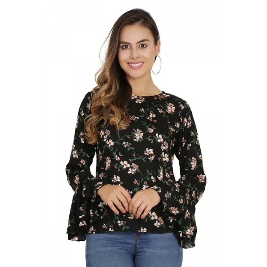 Women Black Floral Printed Bell Sleeves Top