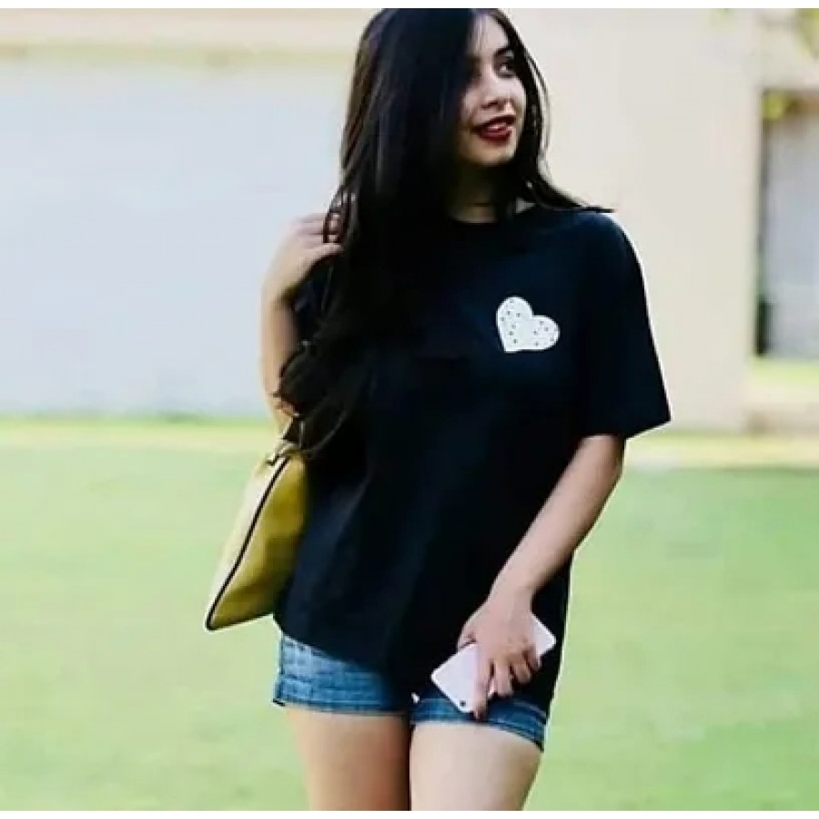 Women Black Printed Cotton Tee