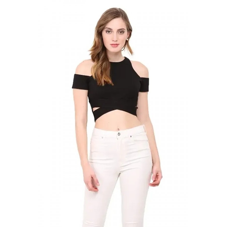 Women Cold Shoulder Black Crop Top